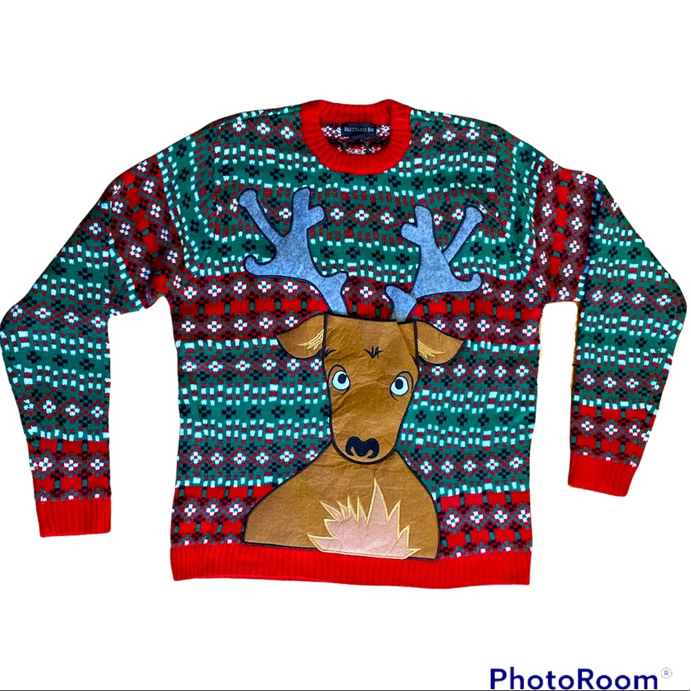 Ugly Christmas Sweater Reindeer Built In Cup Holder Pocket Sz L